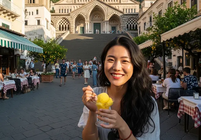 웅장한 아말피 대성당 계단 앞에서 노란 레몬 소르베를 들고 환하게 웃고 있는 한국인 여성