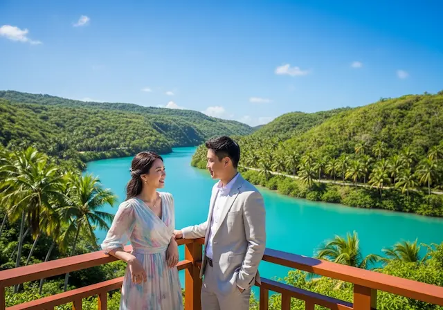 괌 에메랄드 밸리의 영롱한 비취색 수로를 배경으로 세련된 원피스를 입은 한국인 커플이 난간에 기대어 서로를 바라보며 웃고 있는 모습, 뒤편으로는 푸른 야자수와 맑은 하늘이 펼쳐진 평화로운 풍경