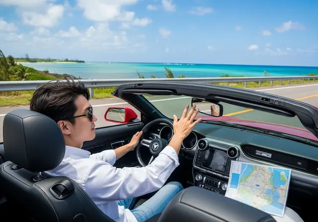 괌의 탁 트인 해안 도로를 달리는 빨간색 머스탱 오픈카 안에서 선글라스를 쓴 한국인 청년이 한 손을 밖으로 뻗어 바람을 느끼는 모습, 옆좌석에는 여행 지도가 놓여 있고 배경으로는 파란 바다가 끝없이 펼쳐짐