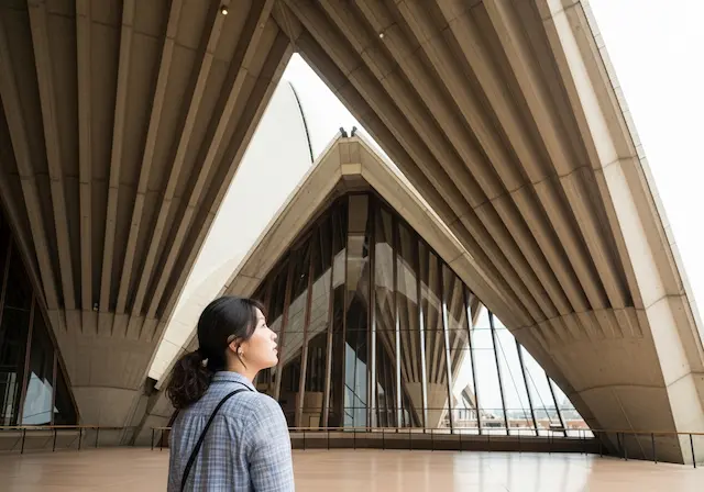 시드니 오페라하우스의 거대한 콘크리트 아치 '갈비뼈' 구조가 훤히 보이는 내부 로비에서, 가이드의 설명을 경청하며 위를 올려다보는 30대 한국인 여성 여행자의 뒷모습
