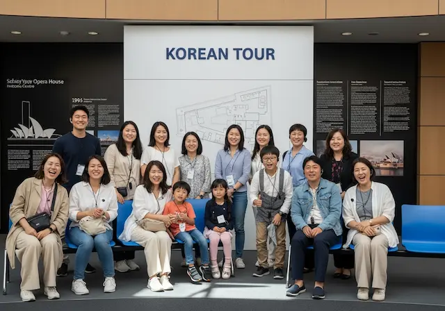 시드니 오페라하우스 웰컴 센터 앞 대기 구역에서, 헤드셋을 착용하고 한국어 투어 팻말 앞에 모여 있는 20대 한국인 커플과 가족들의 밝은 표정