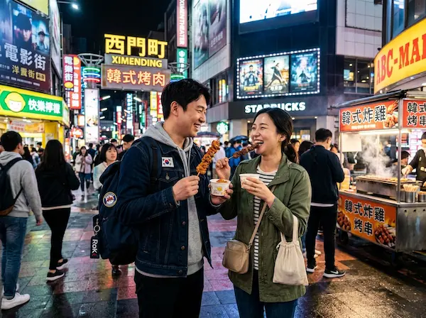 화려한 네온사인이 빛나는 시먼딩 거리 한가운데 서서 길거리 음식을 즐기며 행복해하는 한국인 커플 여행자