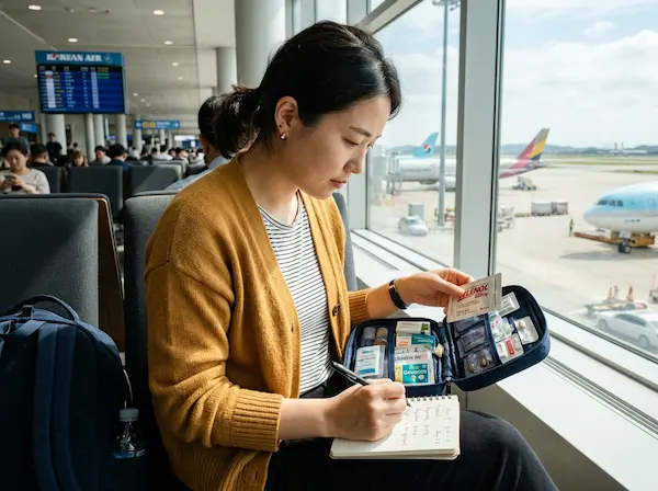 공항 대기실에서 한국인 여성 여행자가 작은 파우치에 든 다양한 알약과 비상약을 꼼꼼히 체크하며 메모하는 모습, 부드러운 햇살이 비치는 창가 자리 공항 대기실에서 한국인 여성 여행자가 작은 파우치에 든 다양한 알약과 비상약을 꼼꼼히 체크하며 메모하는 모습, 부드러운 햇살이 비치는 창가 자리