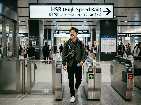 현대적인 디자인의 오사카 난바역 개찰구에서 'HSR' 표지판을 따라가며 환하게 웃고 있는 한국인 남성 여행자