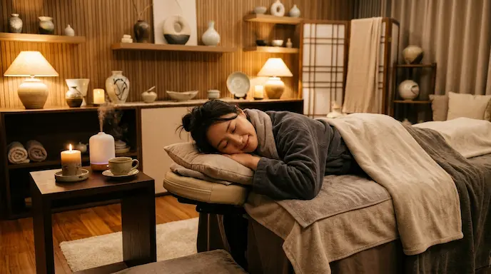 깔끔하고 고급스러운 세부 스파 마사지 룸에서 90분 전신 마사지 서비스를 받고 편안하게 휴식을 취하는 한국인 여성 여행객의 모습, 따뜻하고 아늑한 조명, 세라믹 스파 데코레이션